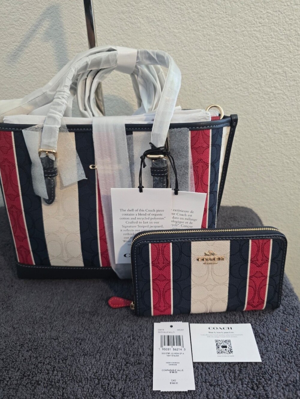 NWT COACH CB570 Mollie Tote Bag 25 Red Blue Chalk Multi Stripe w/NWT ID Wallet